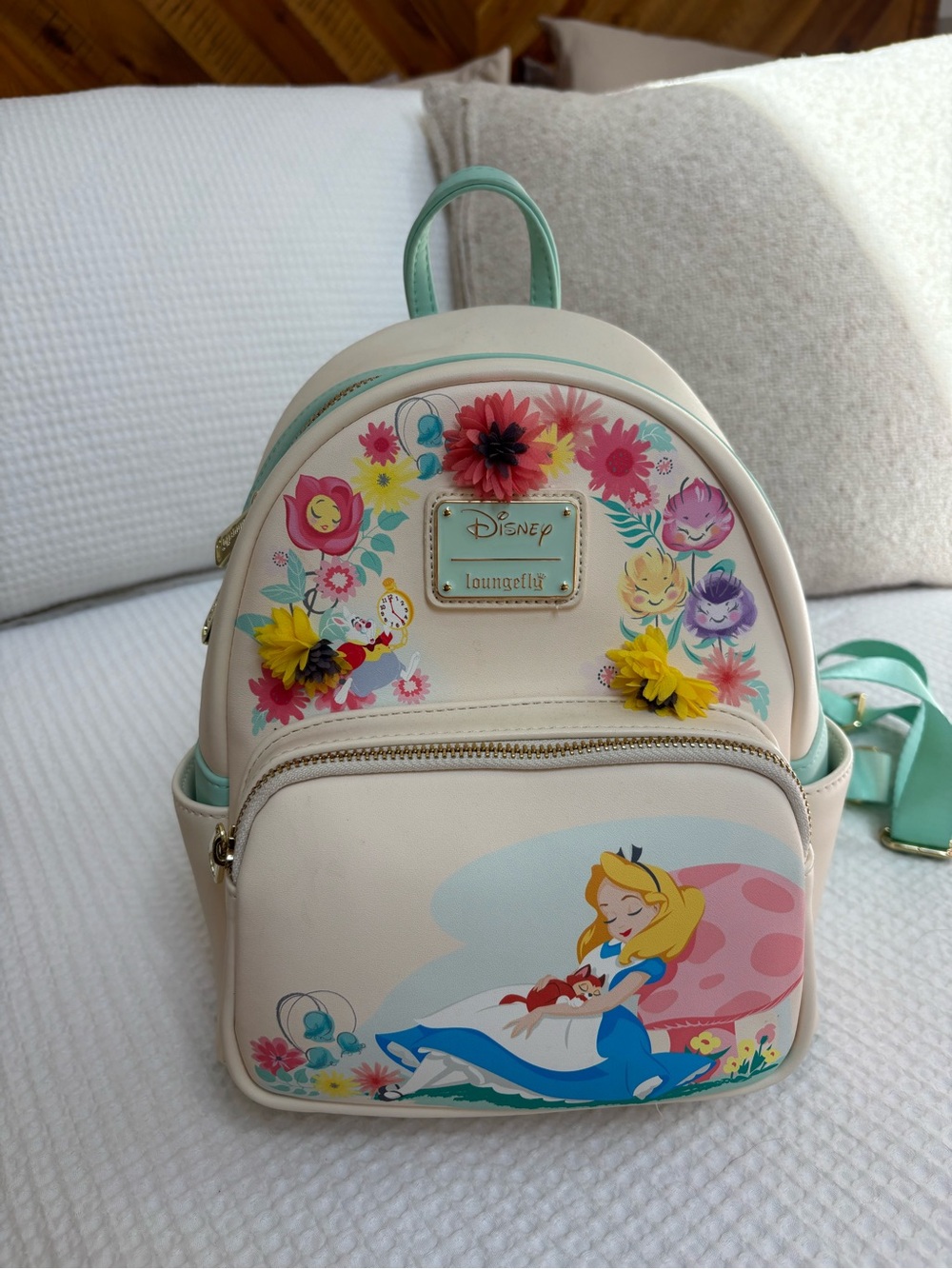Loungefly Cream Alice in Wonderland Floral Mini Backpack with Mint Straps